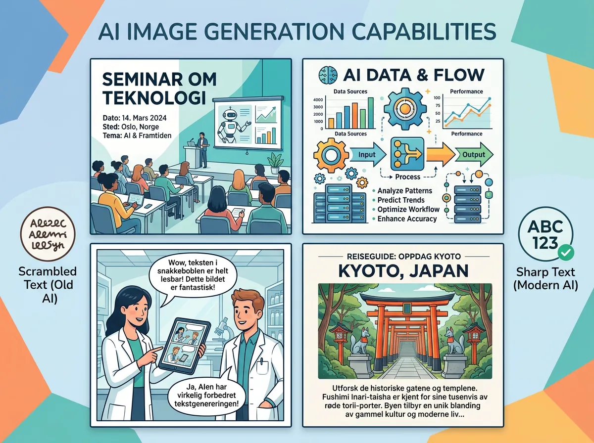 Illustrasjon av SenseNova-U1 kapabiliteter: poster med lesbar tekst, infografikk, tegneserie med snakkebobler og reiseguide med tekst og bilde
