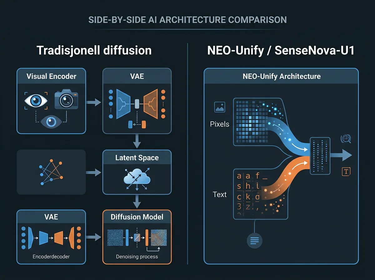 Sammenligning av tradisjonell diffusion-arkitektur med separate VAE og visuell encoder mot NEO-Unify som behandler alt i én modell
