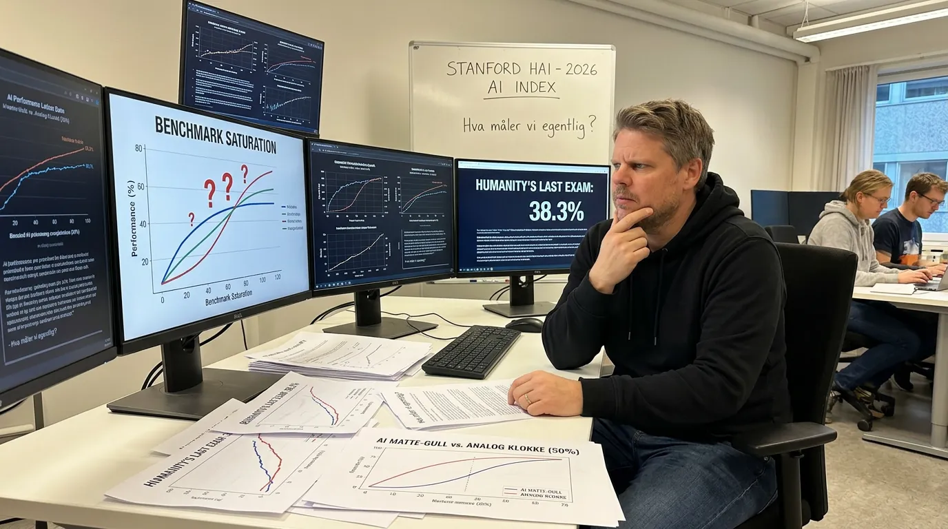 Jan Sverre studerer AI benchmark-kurver og grafer på store skjermer mens han analyserer Stanford AI Index 2026-rapporten
