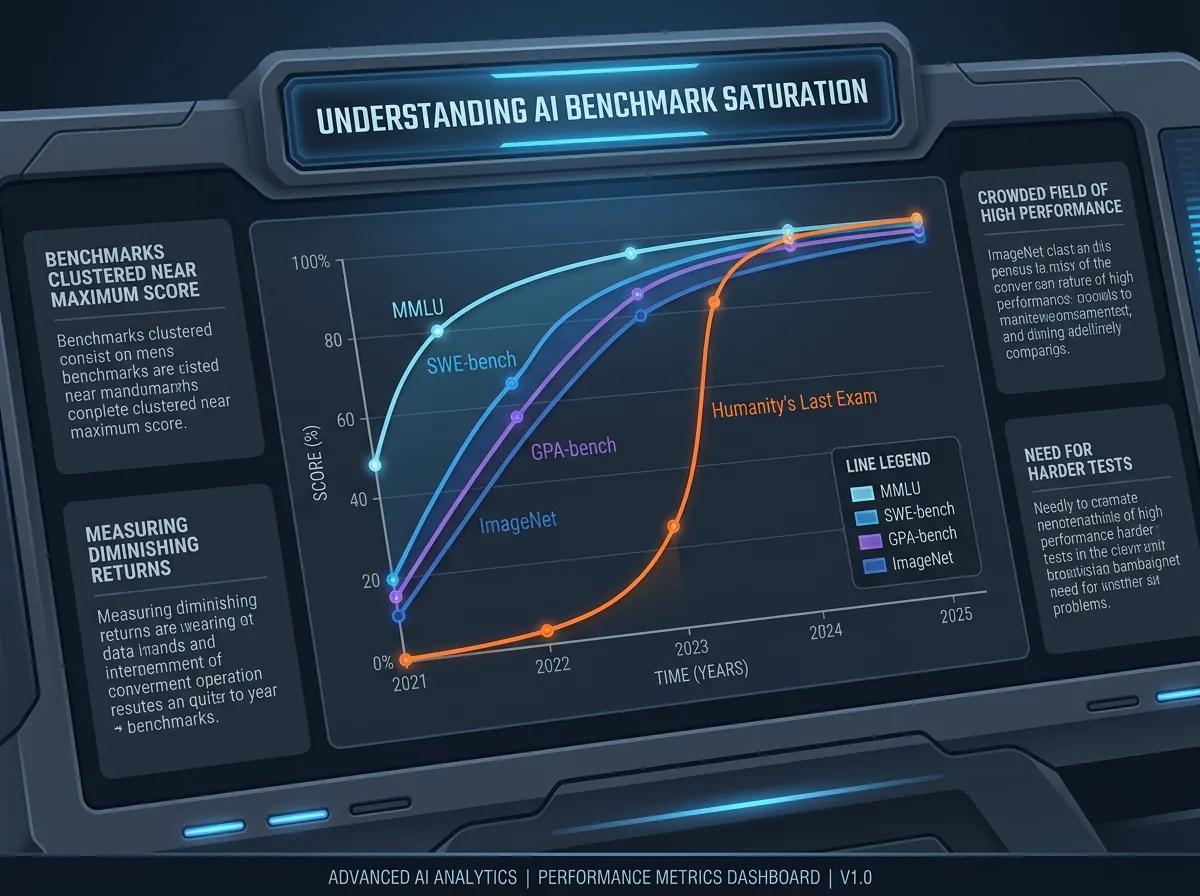Infografikk som viser AI benchmark-kurver som alle konvergerer mot 100 prosent score og illustrerer saturerings-problemet