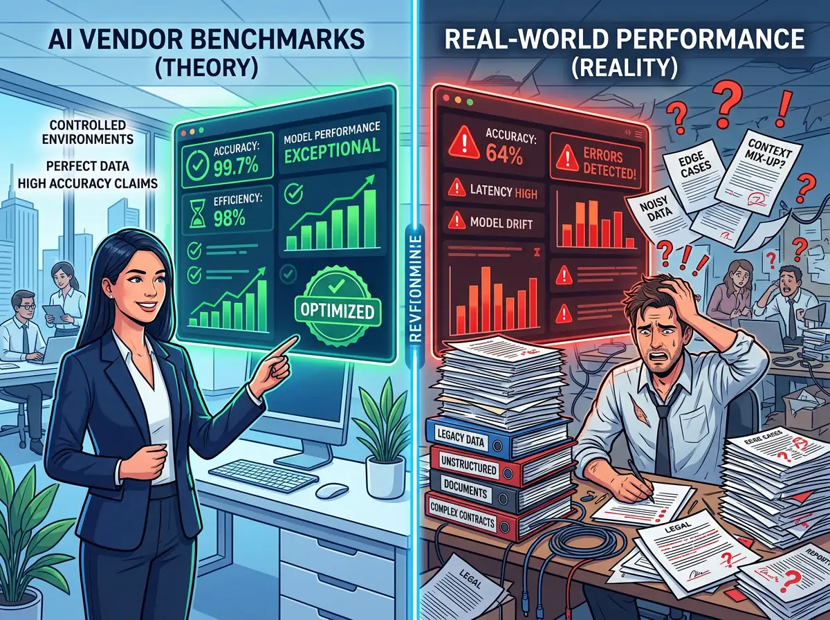 Todelt illustrasjon som sammenligner AI vendors egne benchmark-tall med uavhengig forskning og reell ytelse i praksis