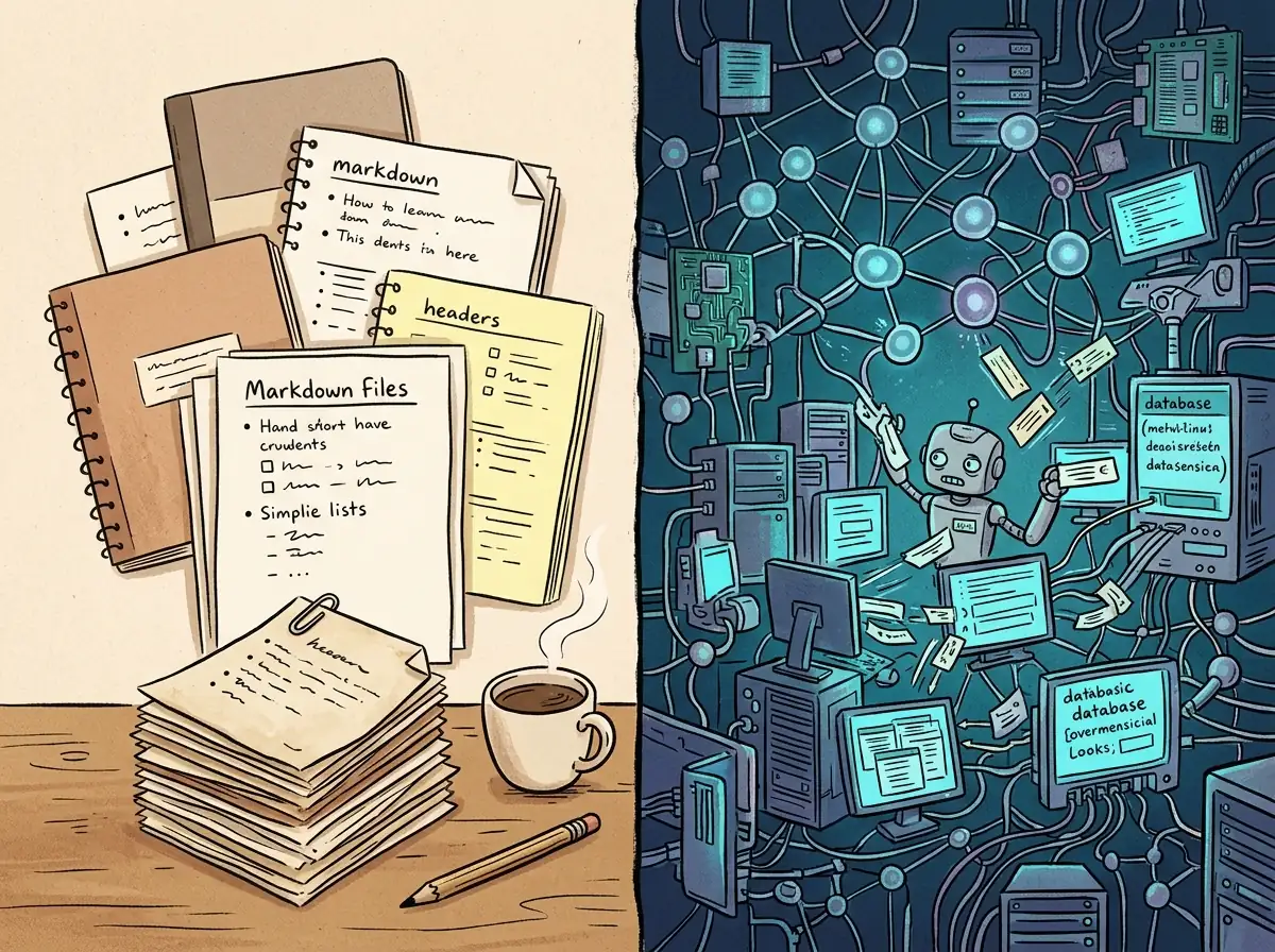 Sammenligning mellom enkle kuraterte tekstfiler til venstre og et komplisert automatisert AI-minnesystem til høyre
