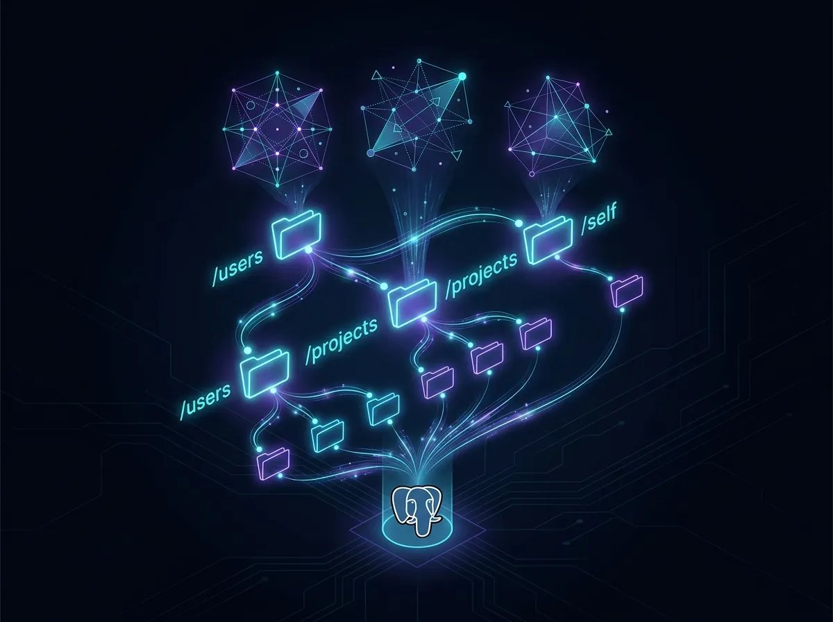 Illustrasjon av Stash minnearkitektur med hierarkiske navnerom som brukere, prosjekter og selvmodell koblet via datastrømmer mot PostgreSQL og pgvector