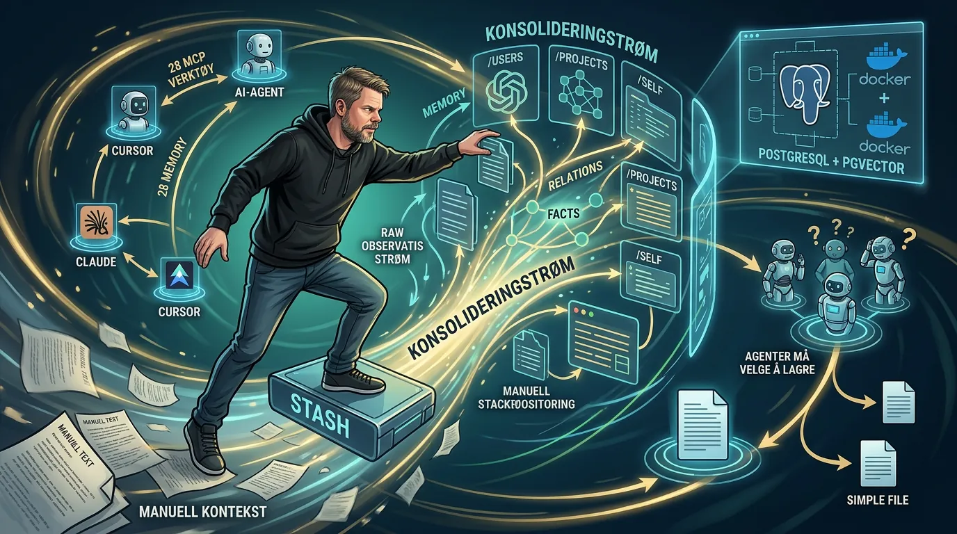 Jan Sverre navigerer blant flytende AI-minnestrukturer og datanoder i en sci-fi-visualisering av persistente agentminner