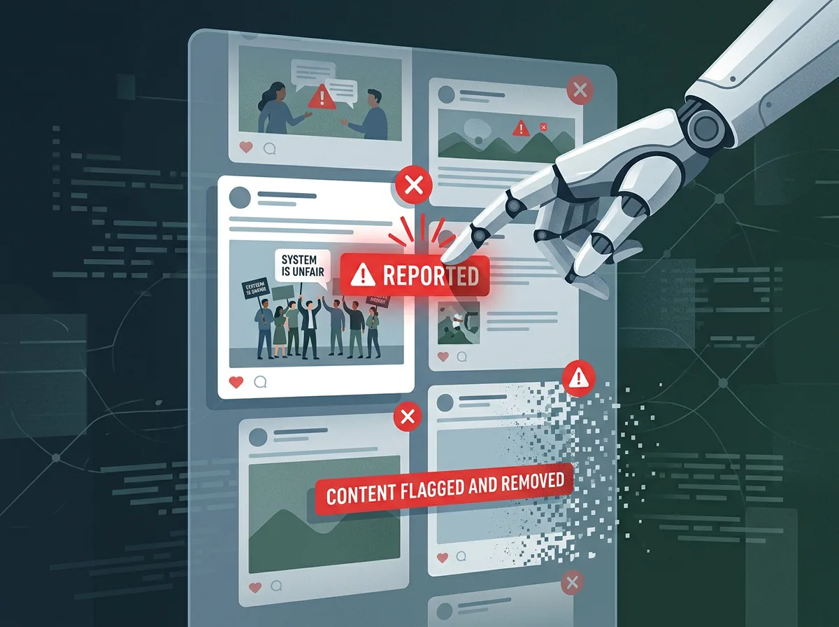 Illustrasjon av AI-robot som automatisk rapporterer Instagram-innlegg med proteststemmer som forsvinner