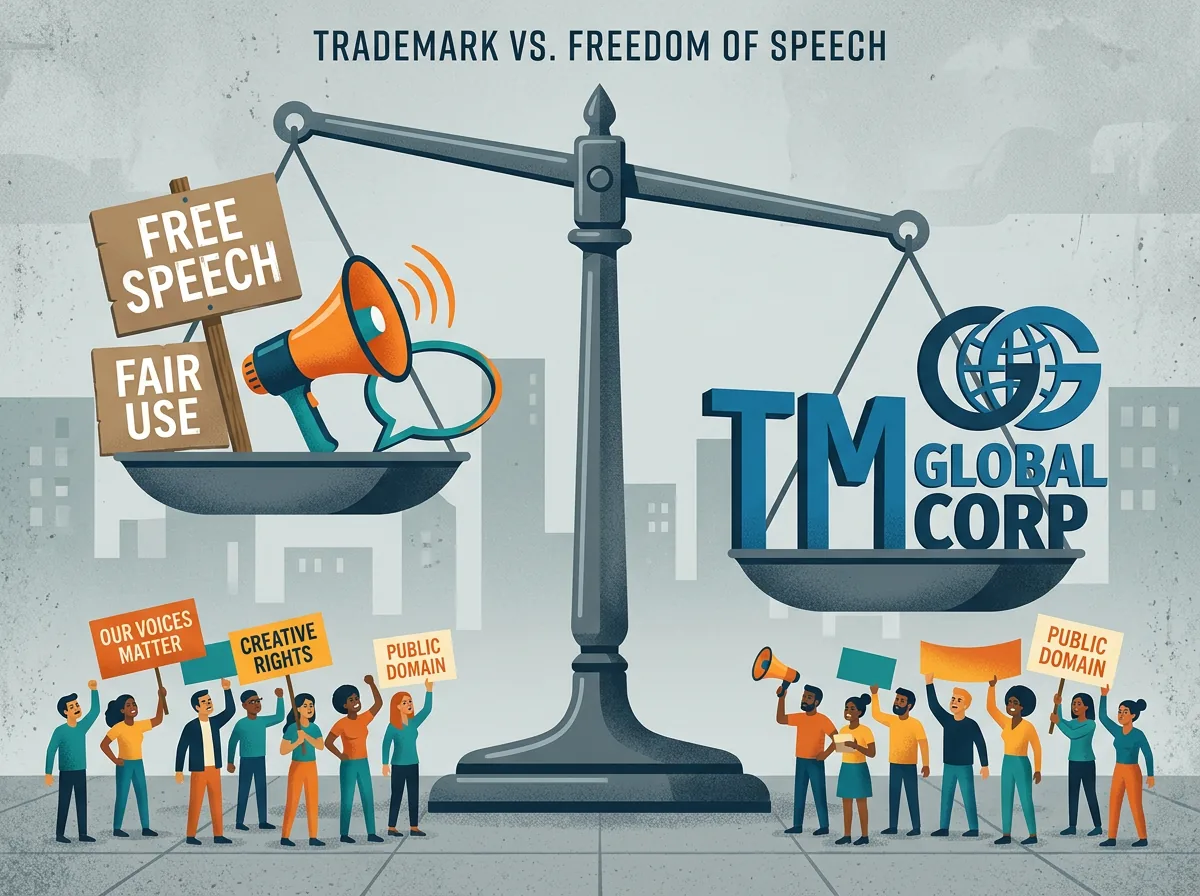 Vektskål-illustrasjon der varemerke-rettigheter veier tyngre enn ytringsfrihet og proteststemmer