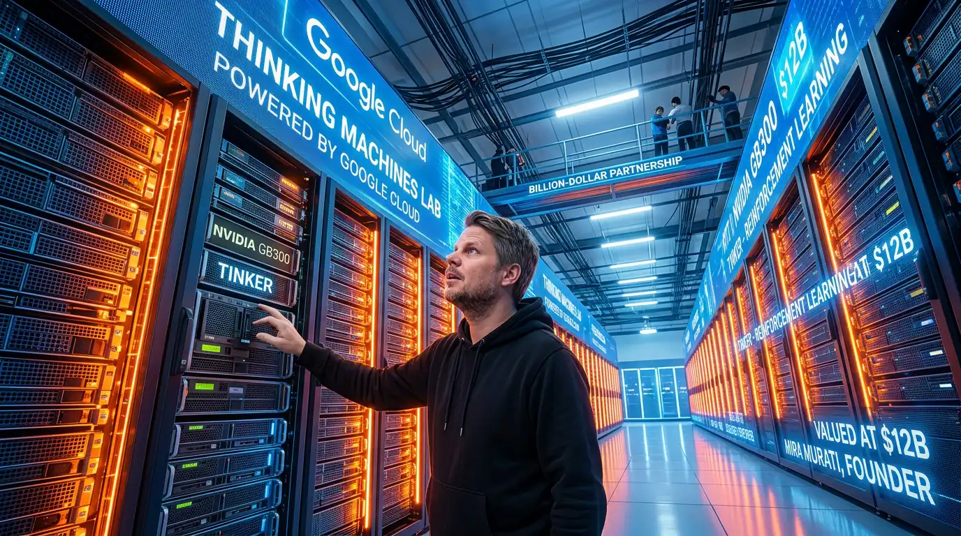 Mann i hettegenser studerer massivt Google Cloud datasenter med Nvidia GB300-servere og blå lys