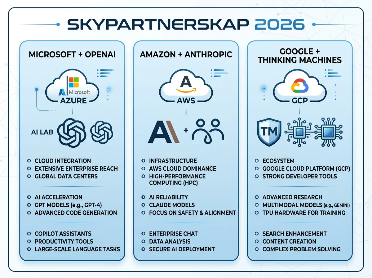 Infografikk som viser skypartnerskap i AI-bransjen - Microsoft med OpenAI, Amazon med Anthropic, Google med Thinking Machines