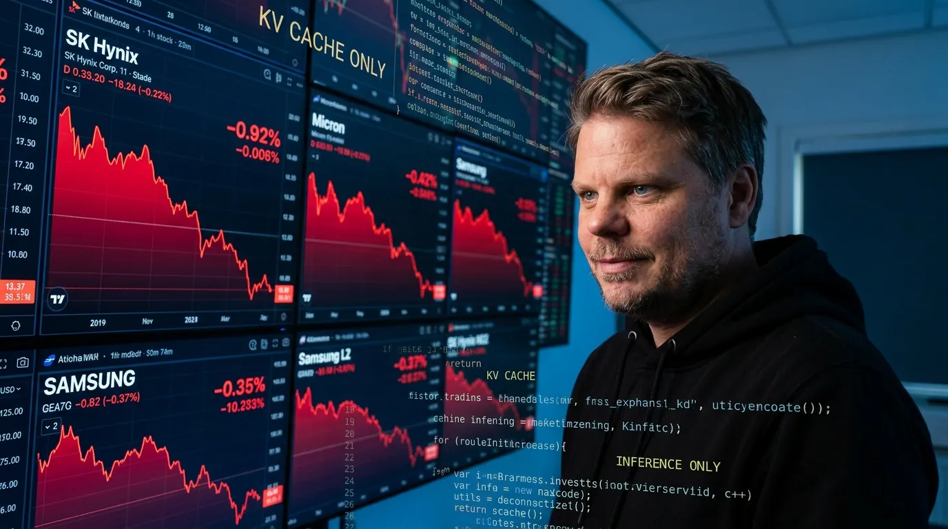 Jan Sverre analyserer fallende minnebrikke-aksjer etter TurboQuant-publisering med ML-kode på skjerm