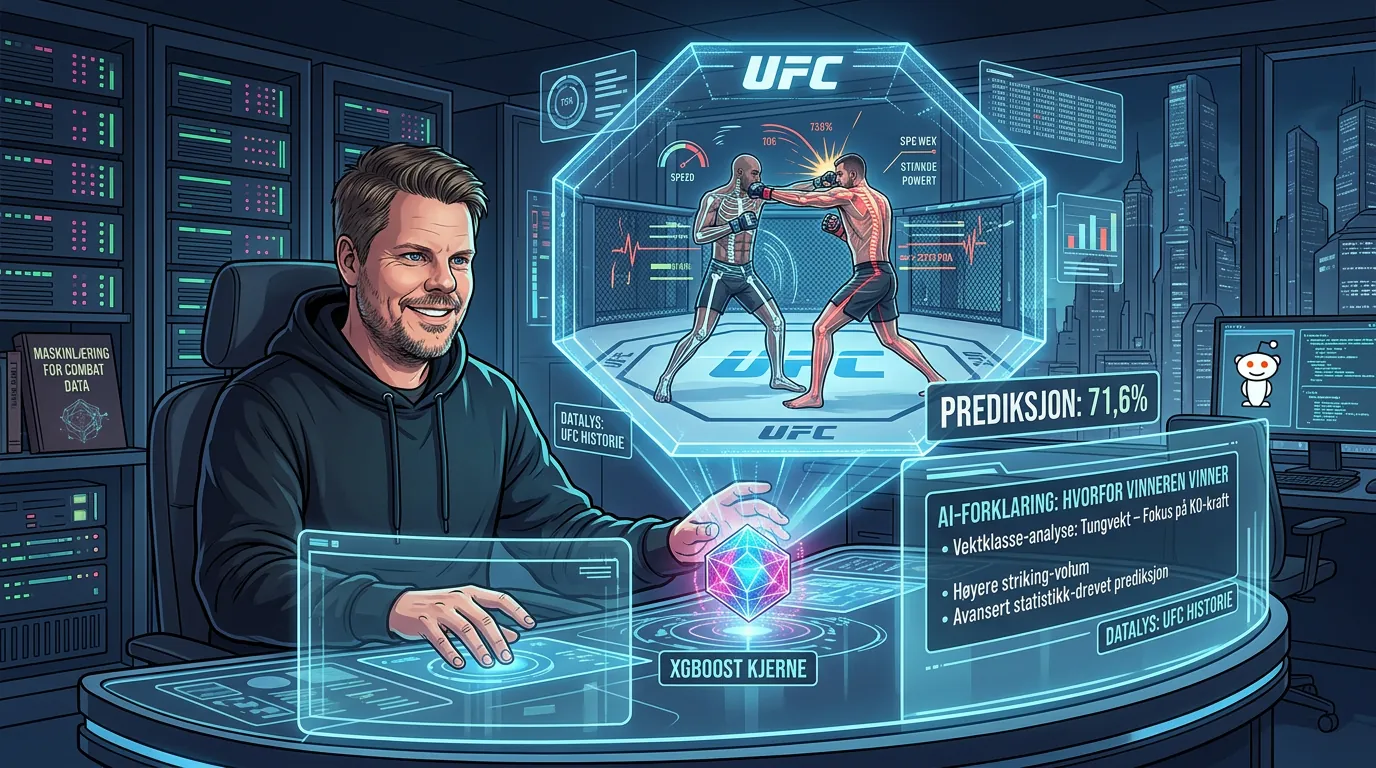 Mann i hettegenser analyserer UFC-kampdata og maskinlæringsresultater på skjerm