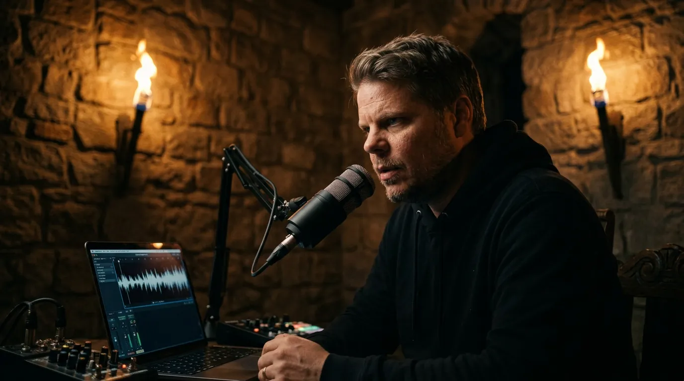 Jan Sverre i et middelalderstudio med moderne mikrofon, klar til å spille inn narrasjon med VoxCPM2