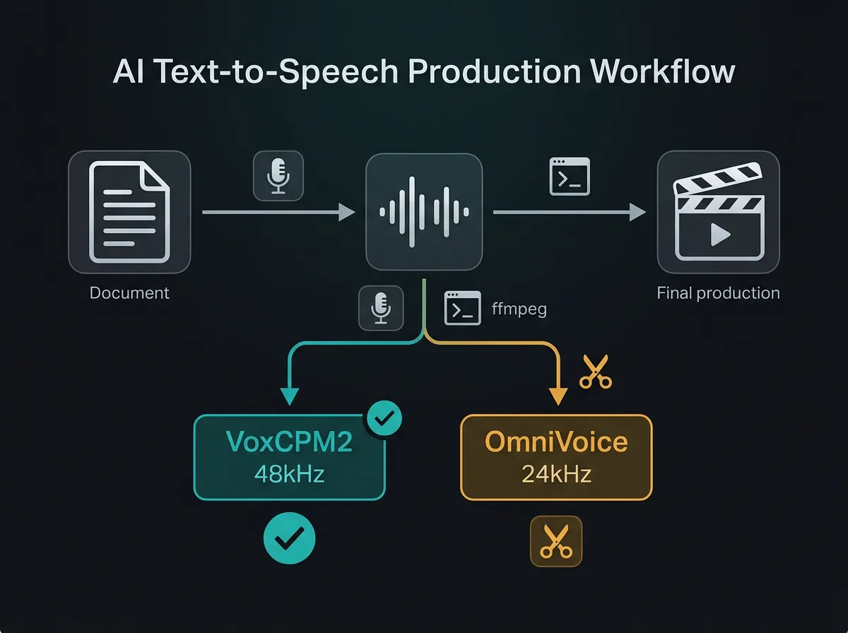 Flytdiagram over TTS-produksjonsworkflow fra tekst til audio til kortfilm med VoxCPM2 og OmniVoice