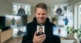 Mann som ser på sin egen AI-avatar på en mobilskjerm med holografiske videoklipp rundt seg