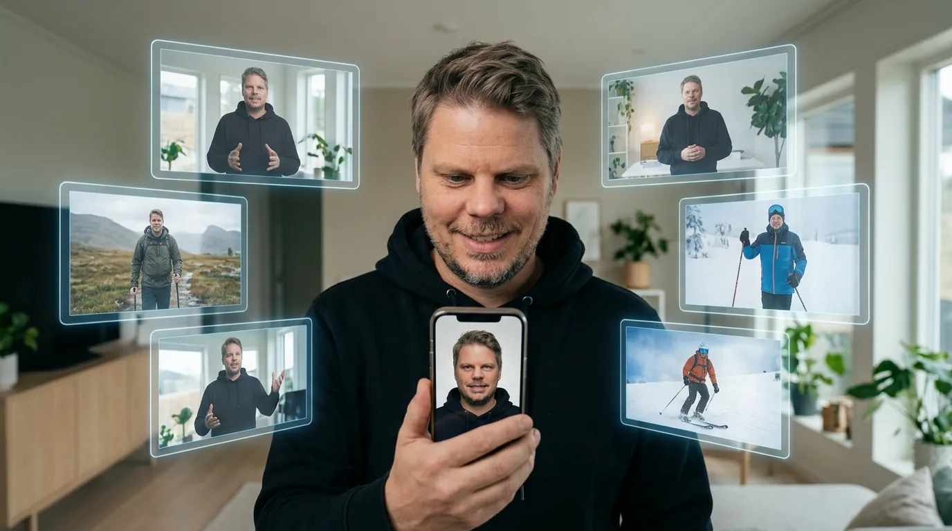 Mann som ser på sin egen AI-avatar på en mobilskjerm med holografiske videoklipp rundt seg