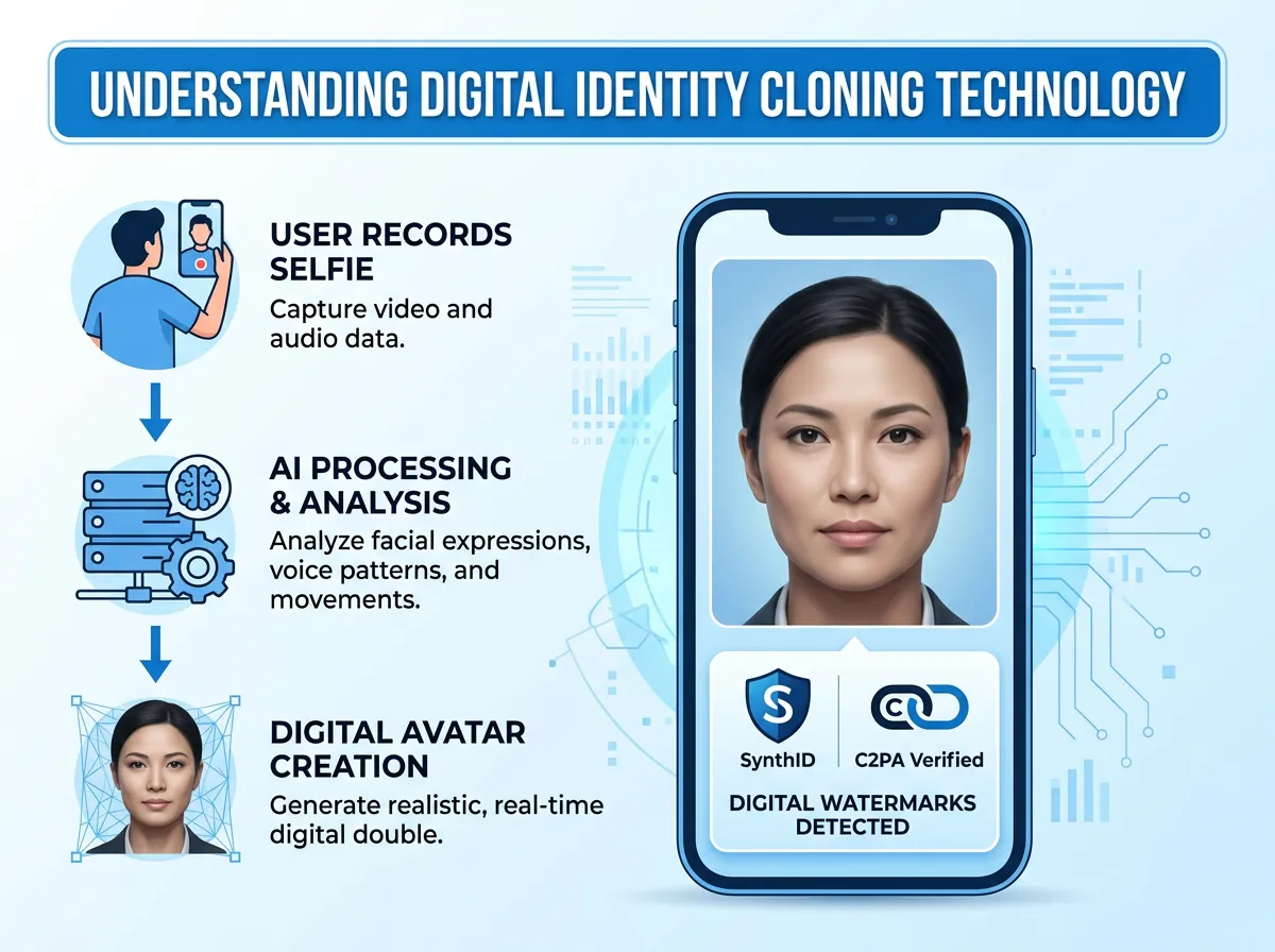 Infografikk som viser YouTube Shorts AI-avatar oppsettsprosessen med SynthID og C2PA-merking
