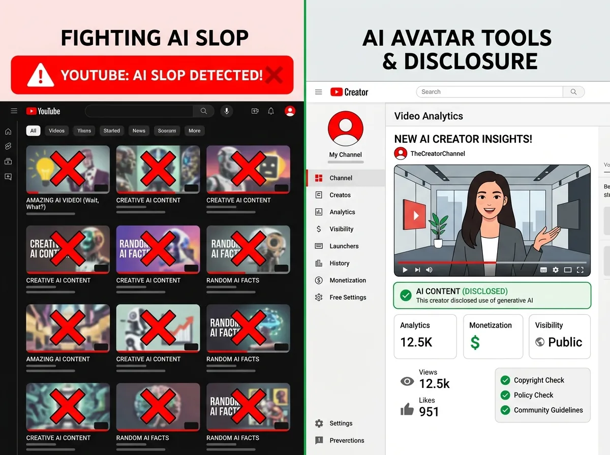 Illustrasjon av YouTubes paradoks - bekjempelse av AI-søppel til venstre, lansering av AI-avatar til høyre