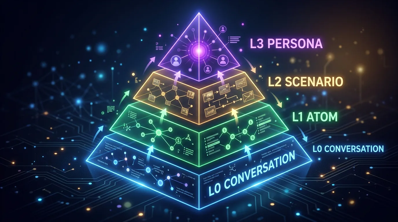 4-lags minnepyramide for AI-agenter: L0 Conversation, L1 Atom, L2 Scenario, L3 Persona
