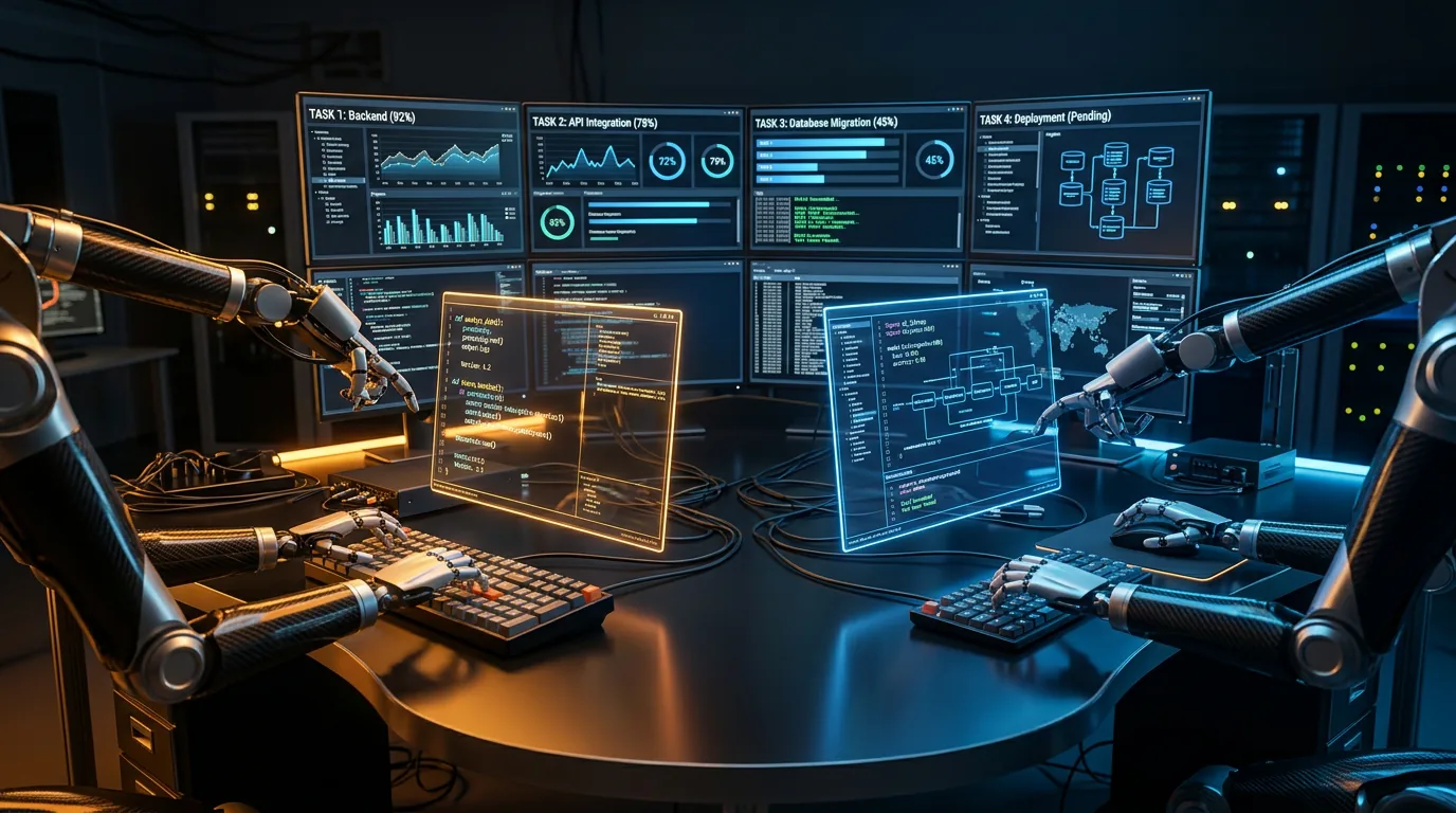 Futuristisk visualisering av AI-agenter som automatiserer kodingsoppgaver parallelt