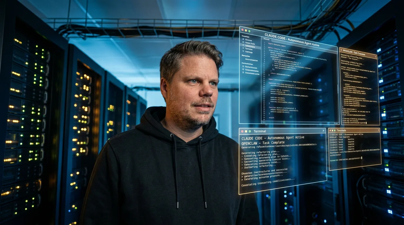 Jan Sverre i datasenteret omgitt av autonome AI-agenter og kode på holografiske skjermer