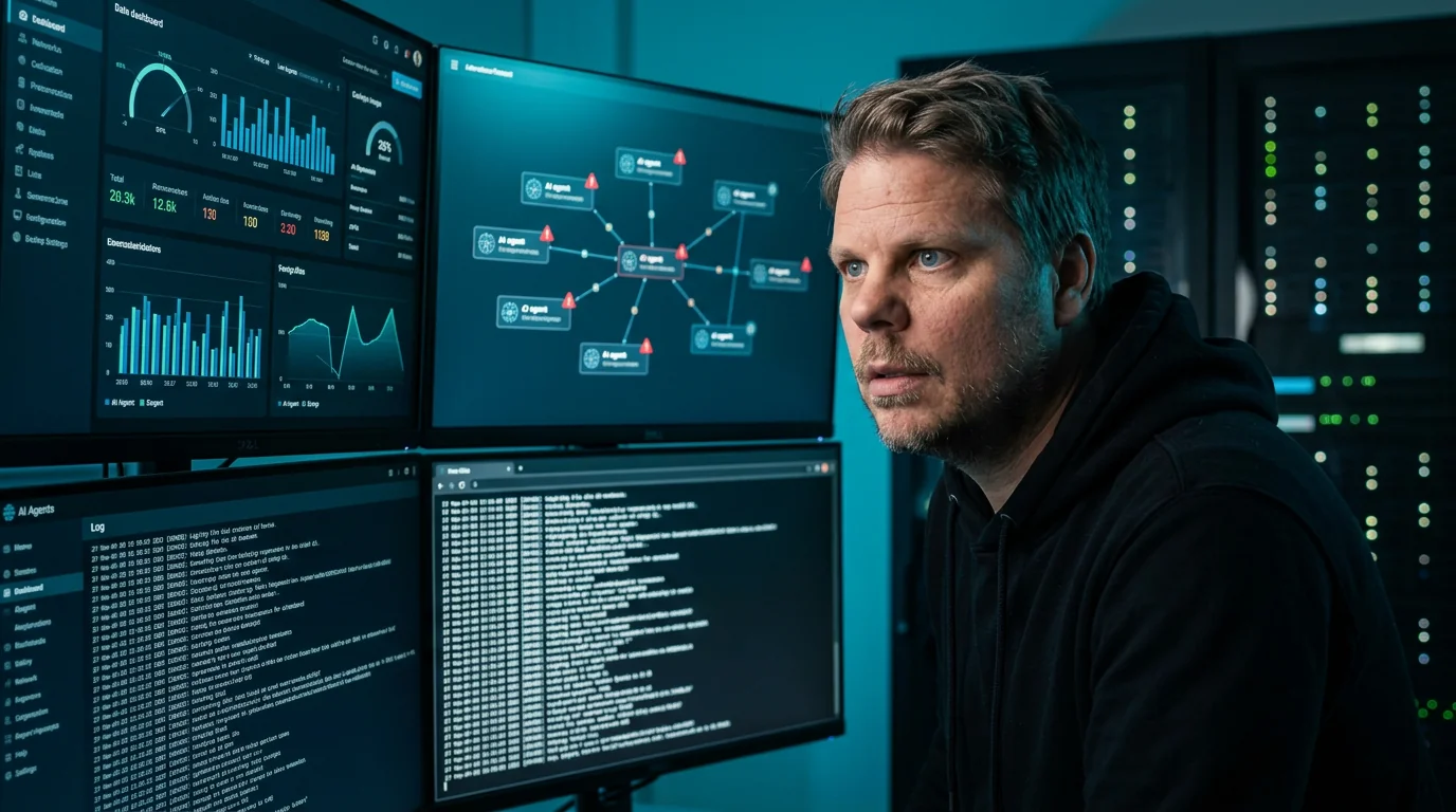 Jan Sverre studerer AI-agent-dashboards i et moderne kontrollrom