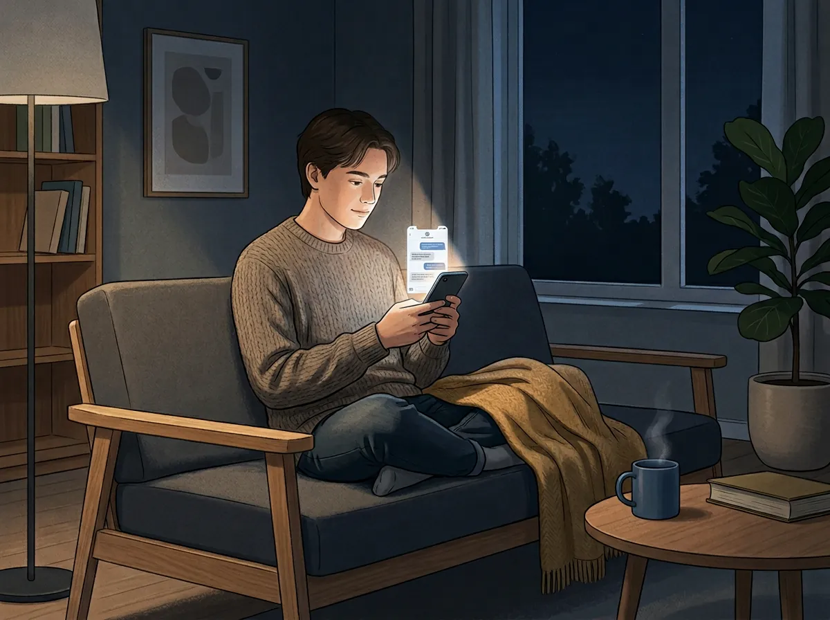 Ung person sitter alene om natten med mobilskjerm som lyser opp ansiktet under en AI-chatbot-samtale om psykisk helse