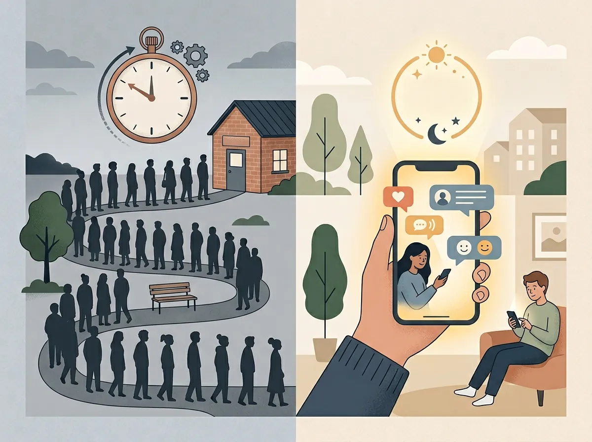 Illustrasjon som sammenligner lang venteliste hos psykolog med øyeblikkelig tilgang via AI-chatbot på mobiltelefon