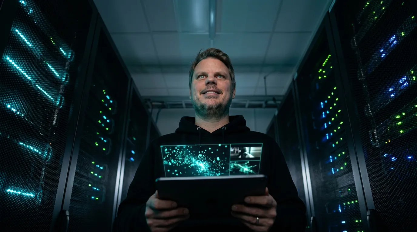 Jan Sverre i serverrom med blågrønt lys fra racks, tablet viser AI-genererte videorammer fra Alice v1