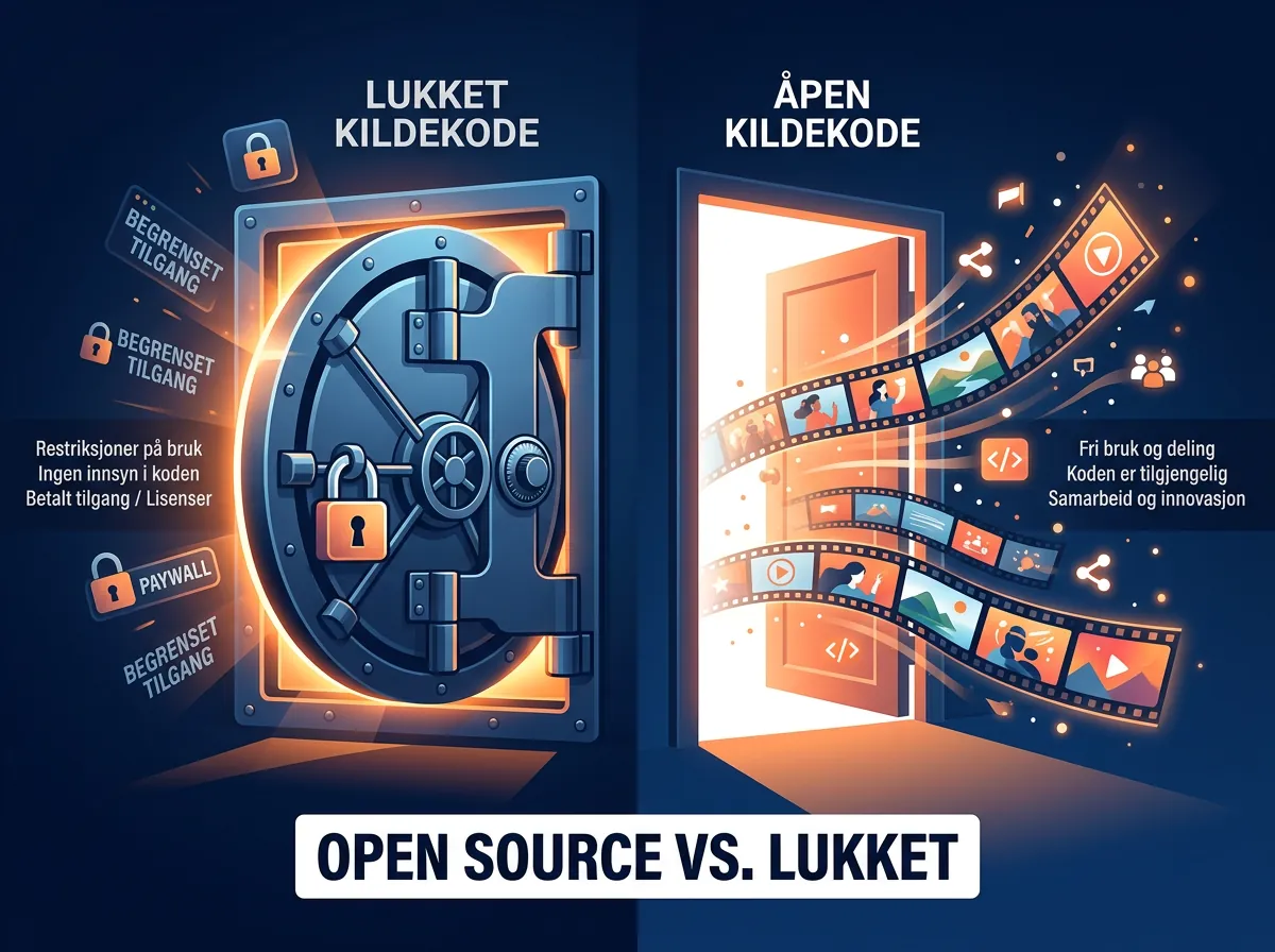 Illustrasjon som sammenligner open source og lukket AI-videogenerering - åpen dør med frie videostrømmer mot lukket hvelv