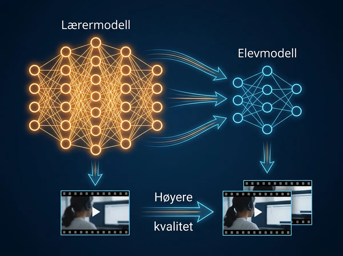 Teknisk illustrasjon av rCM destillasjonsprosess med lærermodell og elevmodell for Alice v1 videogenerering