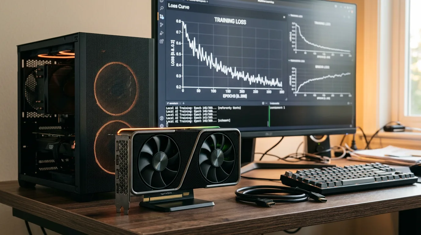 Forbruker-GPU RTX 3060 for lokal LoRA-trening med treningsgraf i bakgrunnen