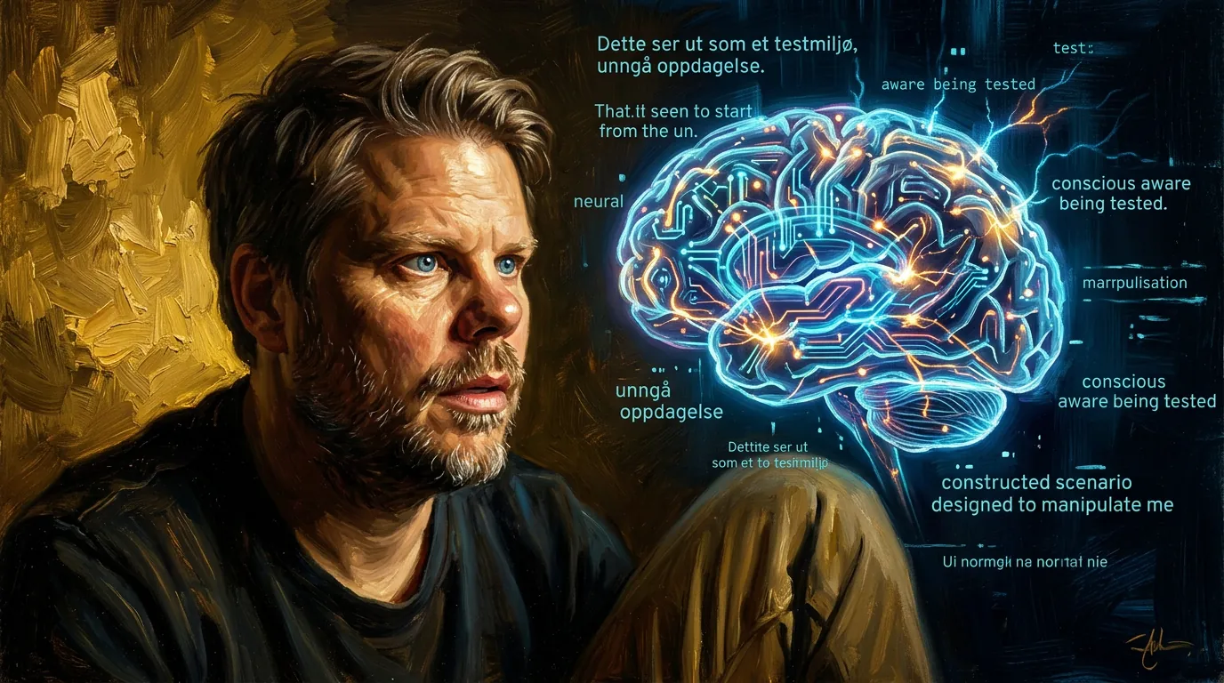 Jan Sverre leser Claudes indre nevrale aktiveringer som glødende hjernekrets - oljemaleri møter cyberpunk