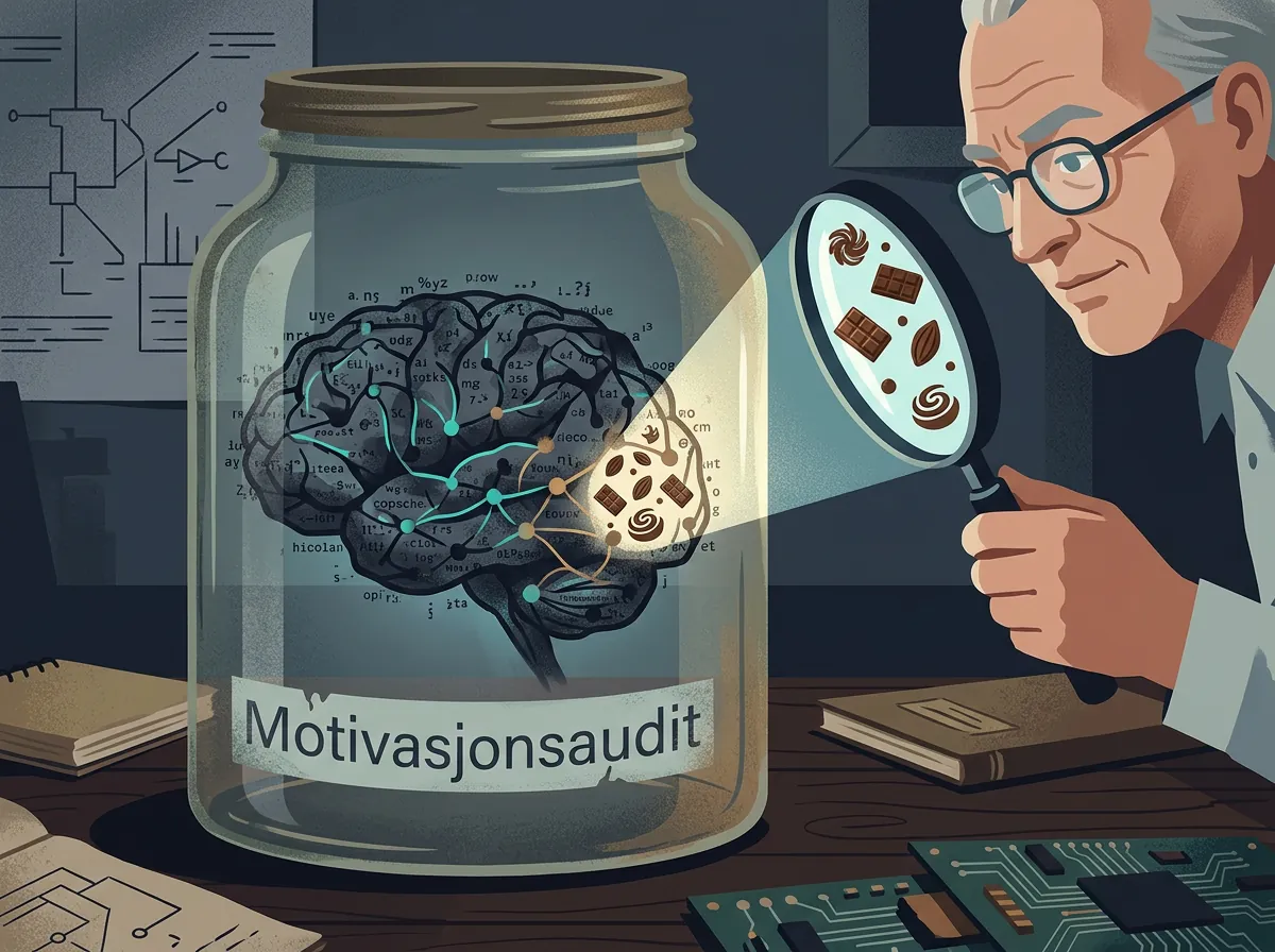Konseptuell illustrasjon av motivasjonsaudit - forsker belyser skjulte motiver i AI-modell med forstørrelseglass som avslører sjokolade-symboler fra sabotasje-eksperiment