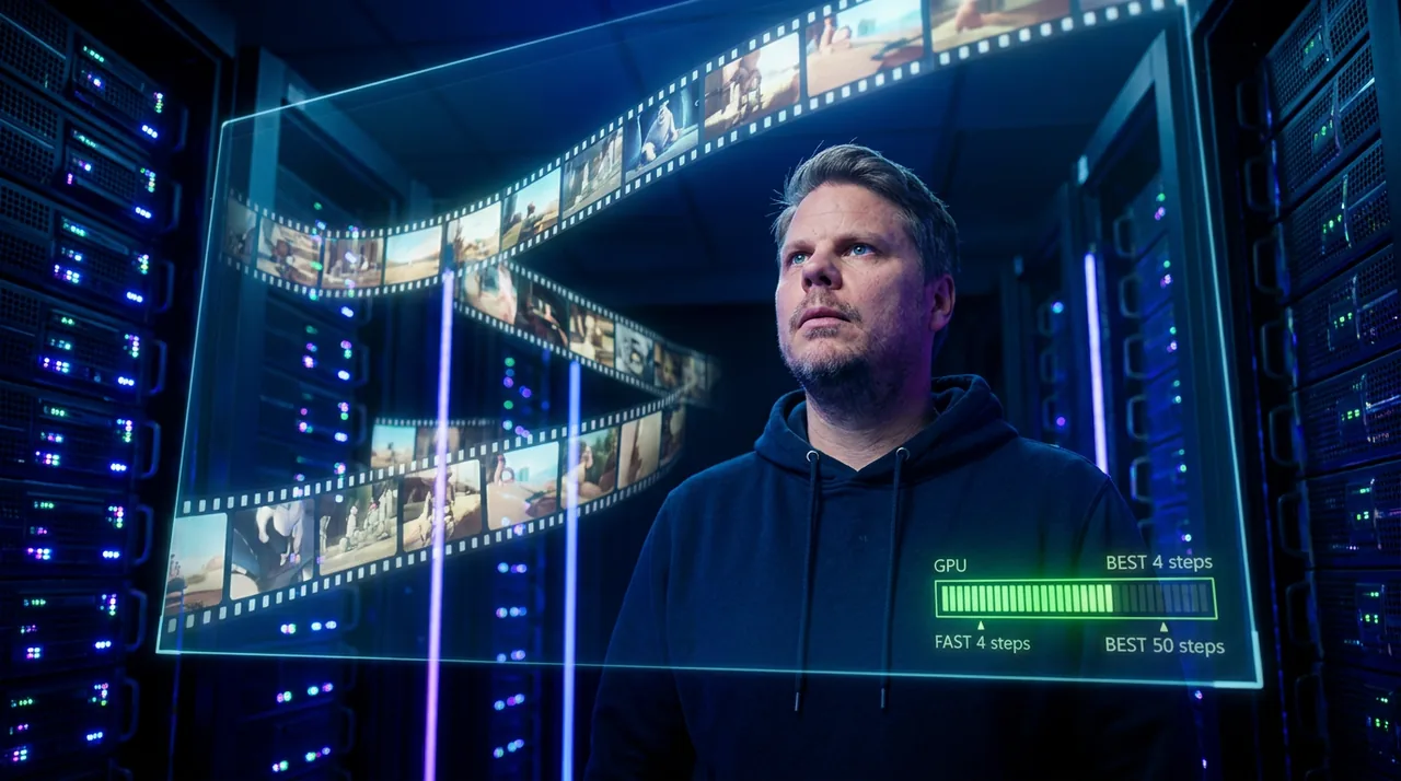 Jan Sverre i serverrom med holografisk visning av AnyFlow videogenerering med GPU-budget-måler