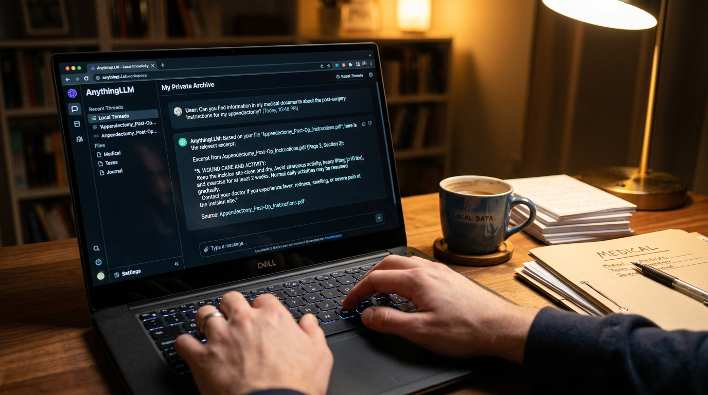 AnythingLLM eller Open WebUI grensesnitt med lokal dokumentsøk på laptop-skjerm