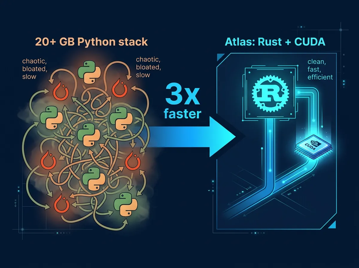Konseptuell illustrasjon som viser forskjellen mellom tung Python-stack og slank Rust og CUDA arkitektur i Atlas