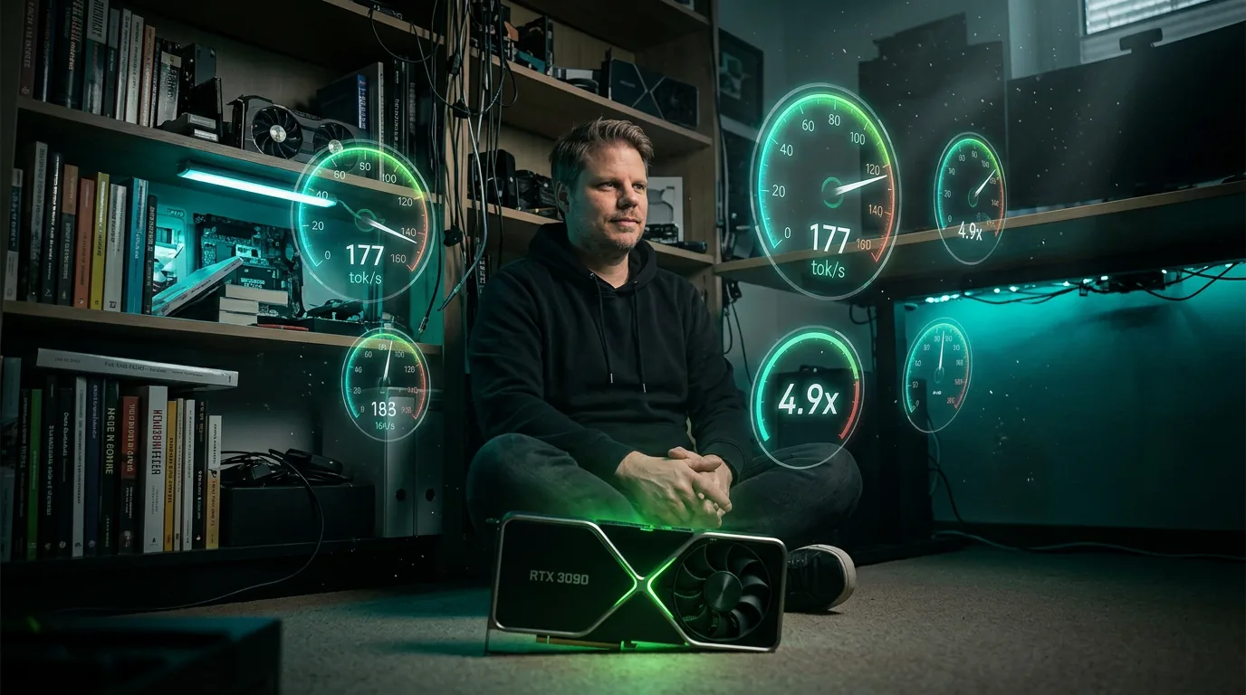 Jan Sverre ser på ytelsestall fra BeeLlama DFlash på RTX 3090 - 177 tokens per sekund