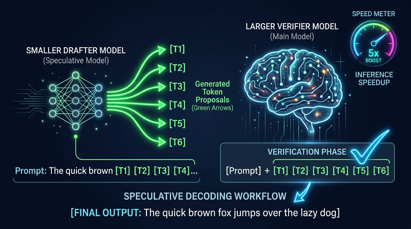 Illustrasjon av spekulativ dekoding - drafter-modell foreslår tokens, verifier bekrefter