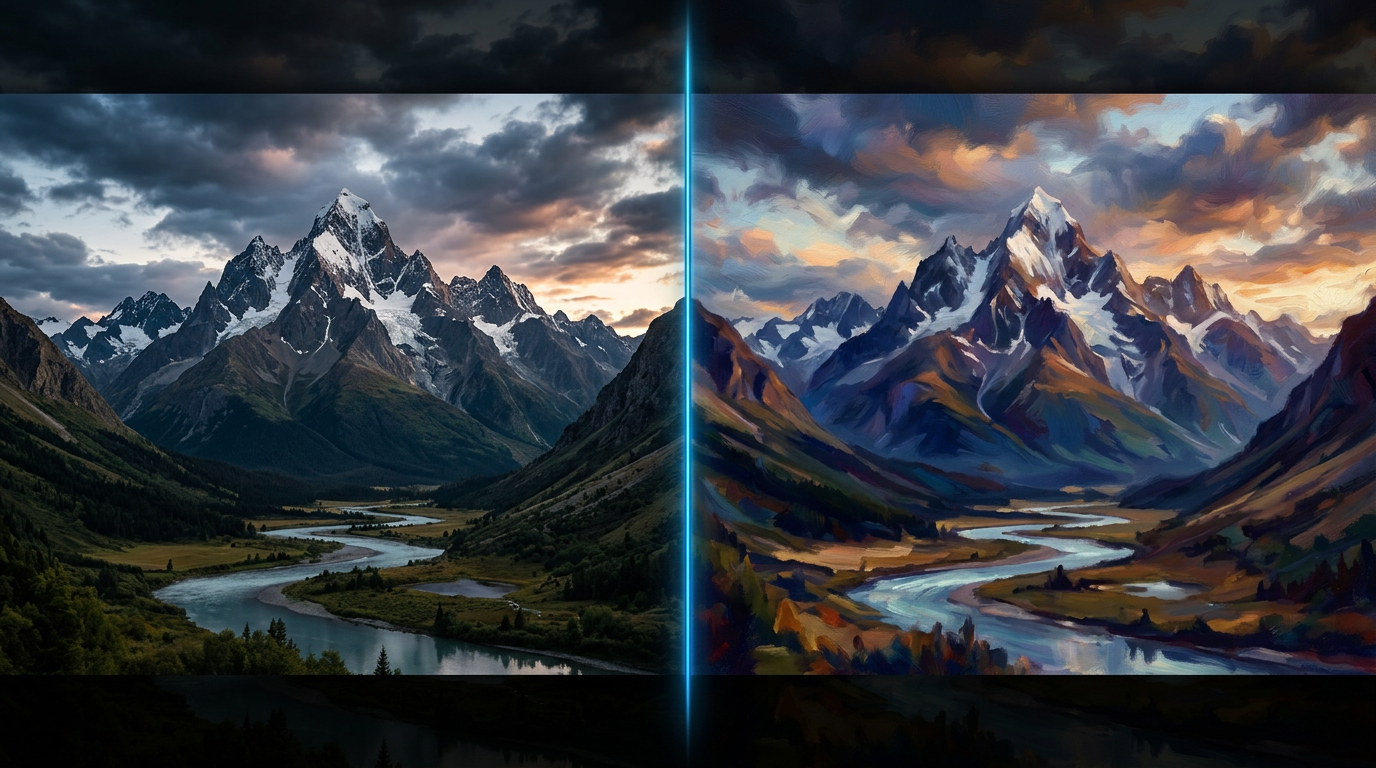 Side-by-side sammenligning av fotorealistisk og kunstnerisk AI-generert fjellbilde
