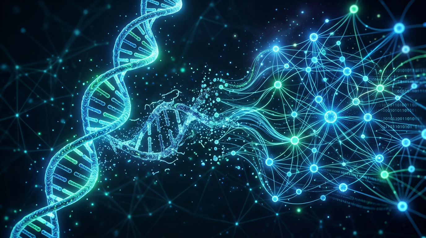 DNA-dobbeltspiral som transformeres til et nevralt nettverk - illustrasjon av Carbon-modellens tilnærming