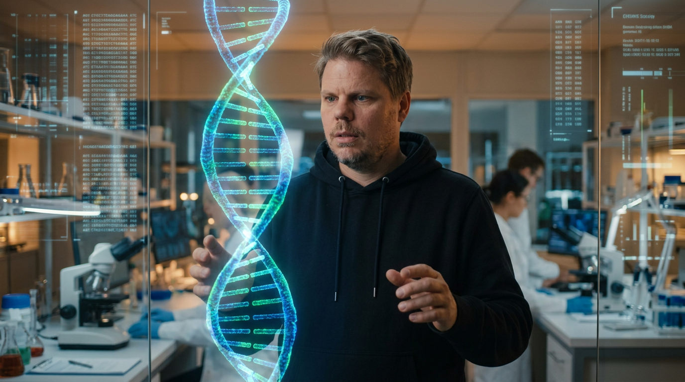 Jan Sverre ser på en holografisk DNA-dobbeltspiral i et moderne biologilab