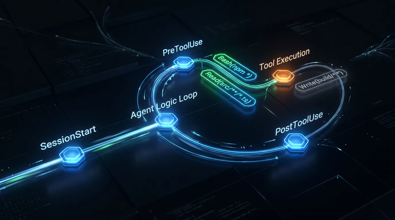 Visuelt diagram over Claude Code agent-tillatelser og hooks som et nettverksdiagram