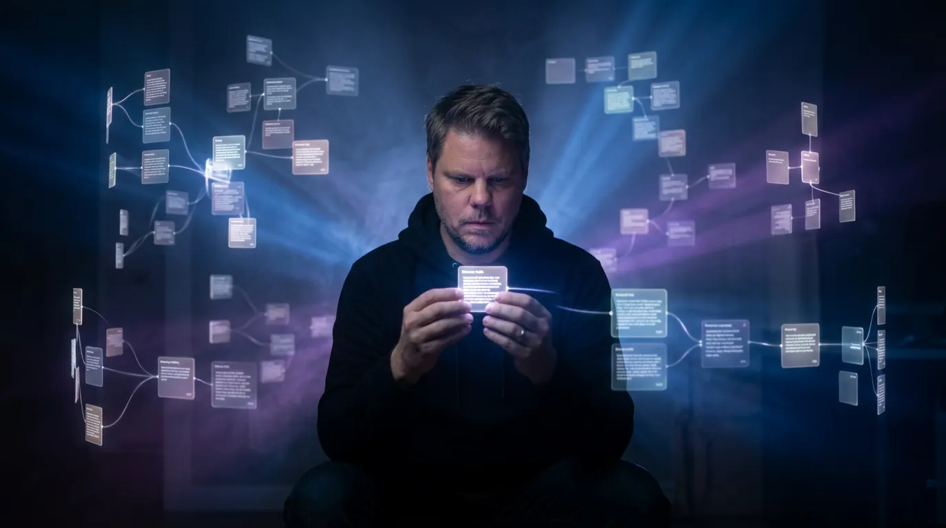 Jan Sverre studerer svevende minnekort og datanoder som reorganiserer seg i luften - en illustrasjon av Claude Dreams-funksjonen for AI-agenter