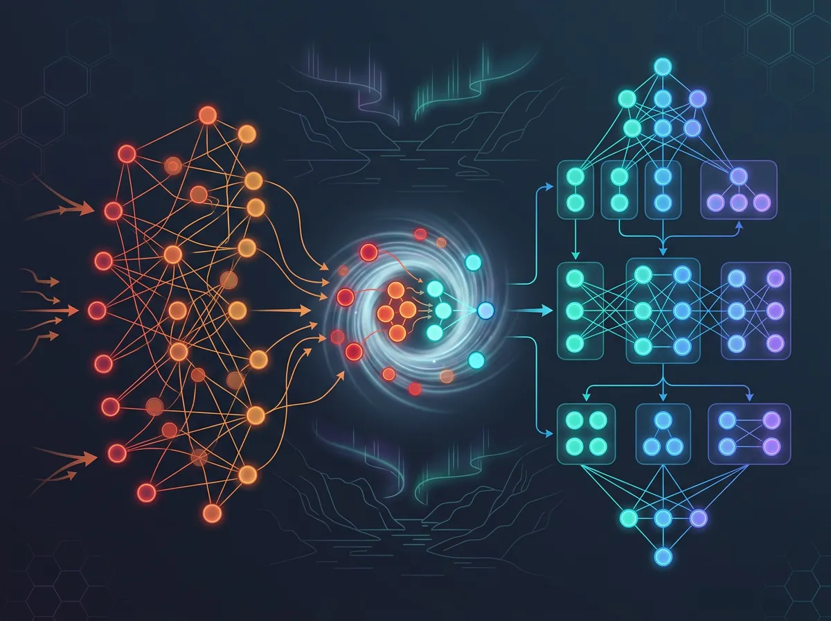 Visualisering av AI-minnekonsolidering der duplikate noder slås sammen til organiserte minneklynger i Claude Dreams