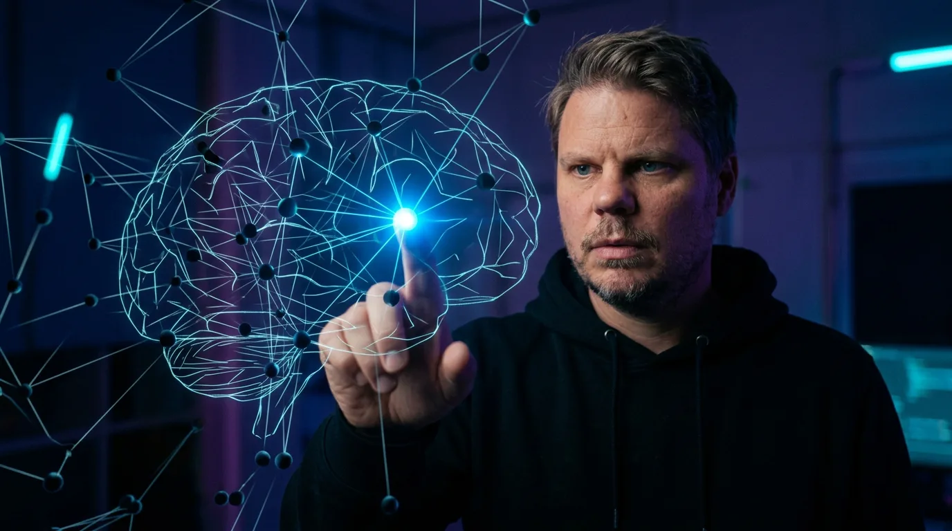 Jan Sverre peker på ett glødende nevron i et holografisk nevralt nettverk - illustrasjon av CNA-metoden