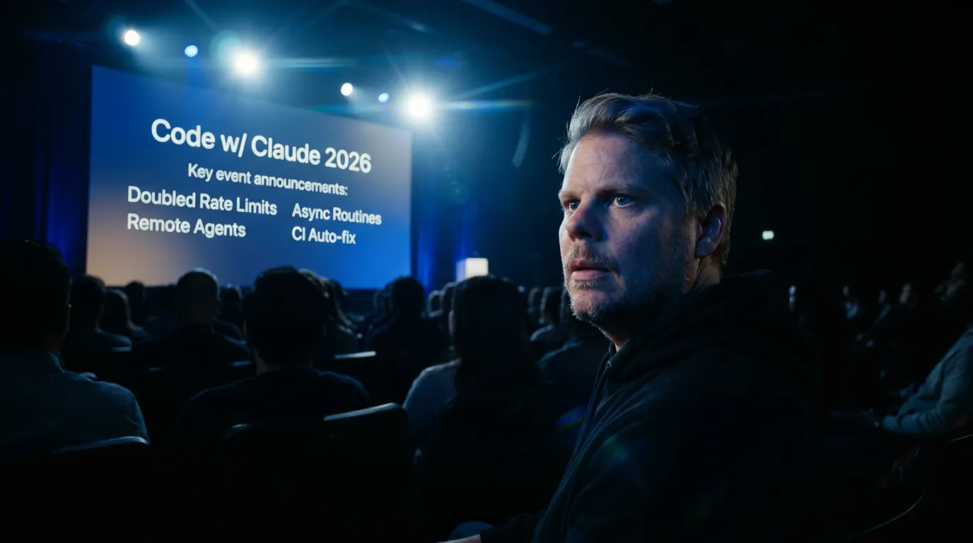 Mann i mørkt auditorium ser mot scenen under Code w/ Claude 2026-eventet med blå scenelys