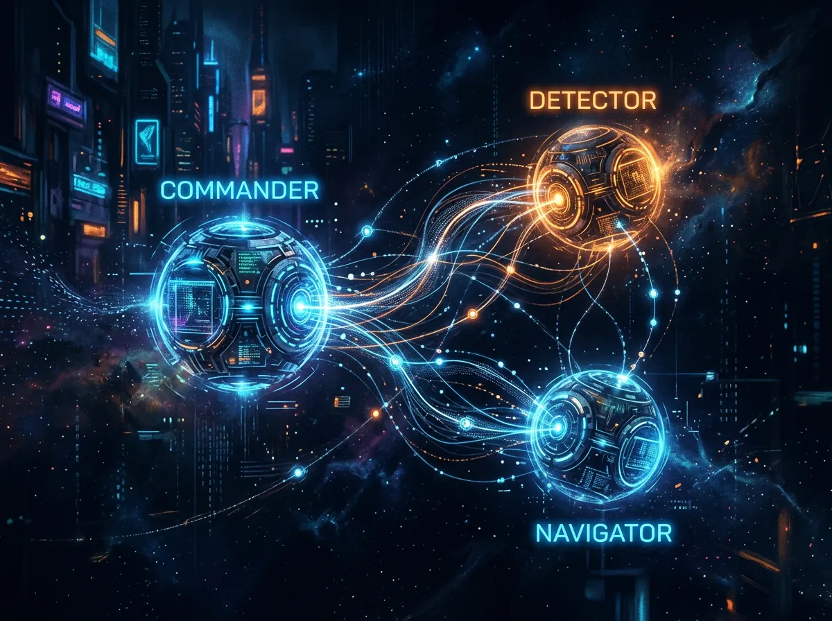 Multi-agent orchestration med Commander, Detector og Navigator-agenter som glødende orber koblet av lysstrømmer