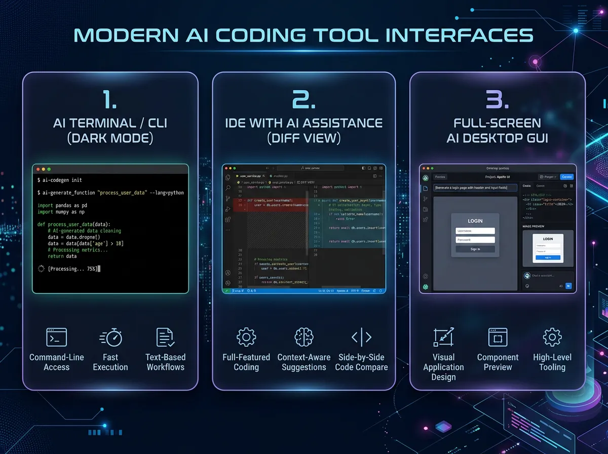 Tre grensesnitt for Claude Code - CLI terminal, IDE med diff-visning og desktop-app med GUI
