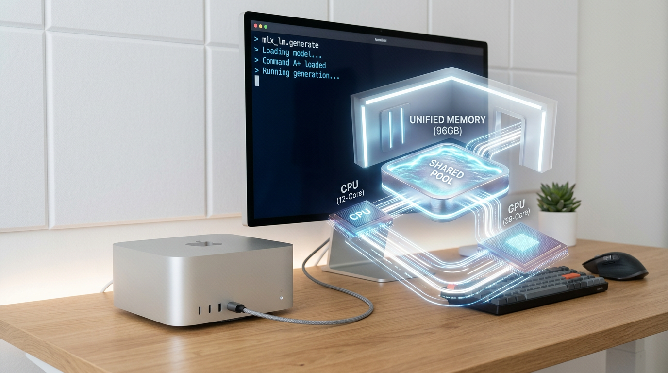 Mac Studio med terminal som viser mlx_lm.generate og Command A+ lastet, med unified memory visualisert