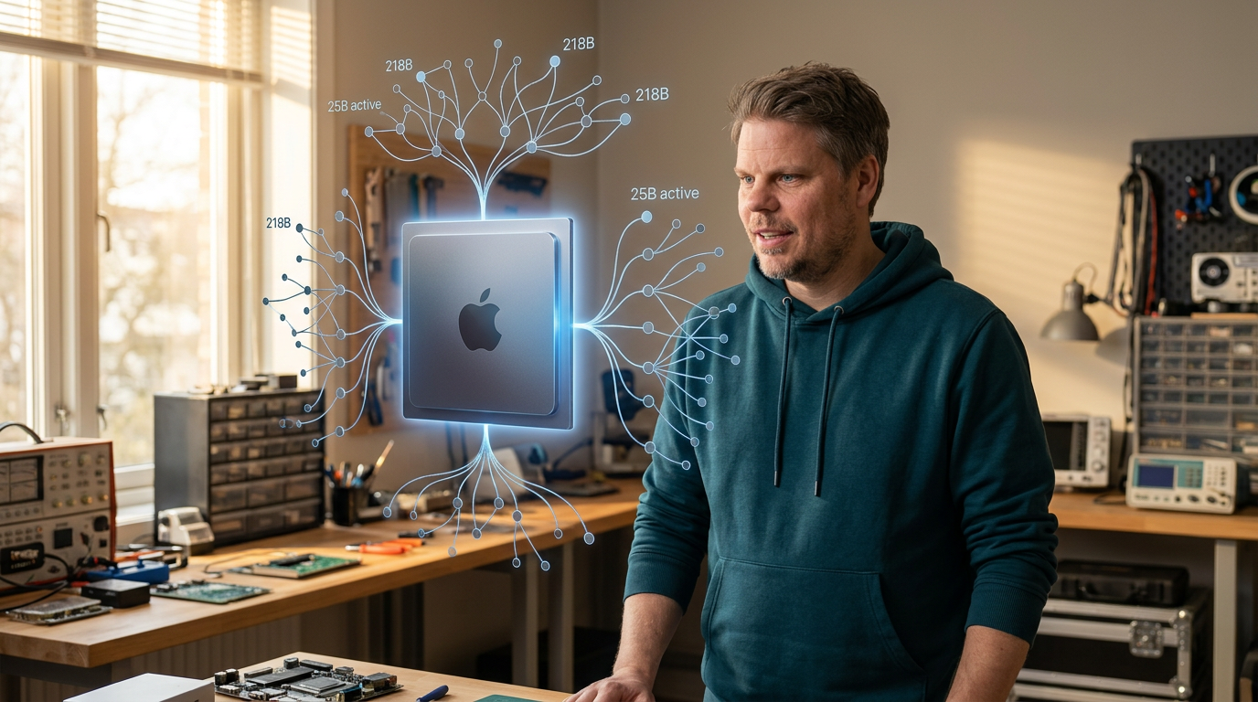 Jan Sverre ser på en stor lysende Apple Silicon-chip med nevrale nettverksforbindelser - Command A+ 218B MoE