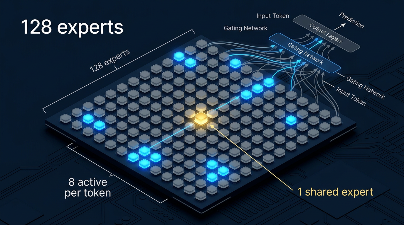 Isometrisk diagram av Mixture-of-Experts arkitektur med 128 eksperter, 8 aktive per token og en delt ekspert